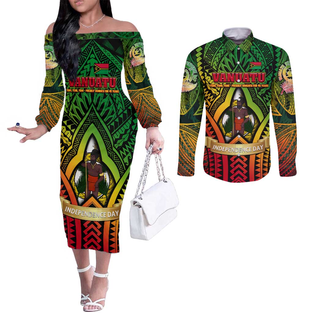 Vanuatu 45th Independence Anniversary Couples Matching Off The Shoulder Long Sleeve Dress and Long Sleeve Button Shirt Embracing Our Traditions Shaping Our Future