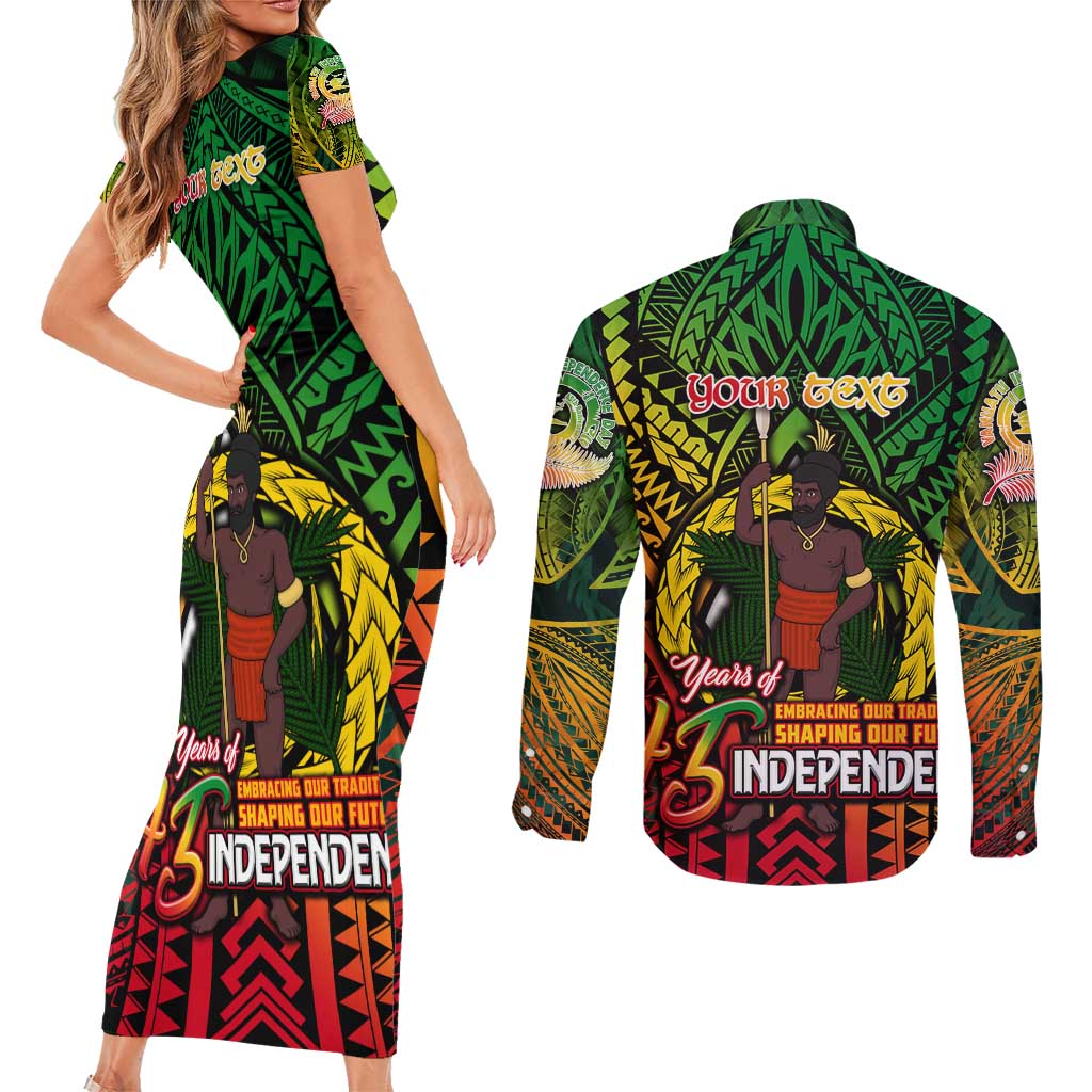 Vanuatu 45th Independence Anniversary Couples Matching Short Sleeve Bodycon Dress and Long Sleeve Button Shirt Embracing Our Traditions Shaping Our Future