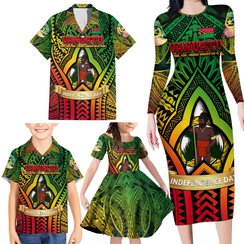 Vanuatu 45th Independence Anniversary Family Matching Long Sleeve Bodycon Dress and Hawaiian Shirt Embracing Our Traditions Shaping Our Future