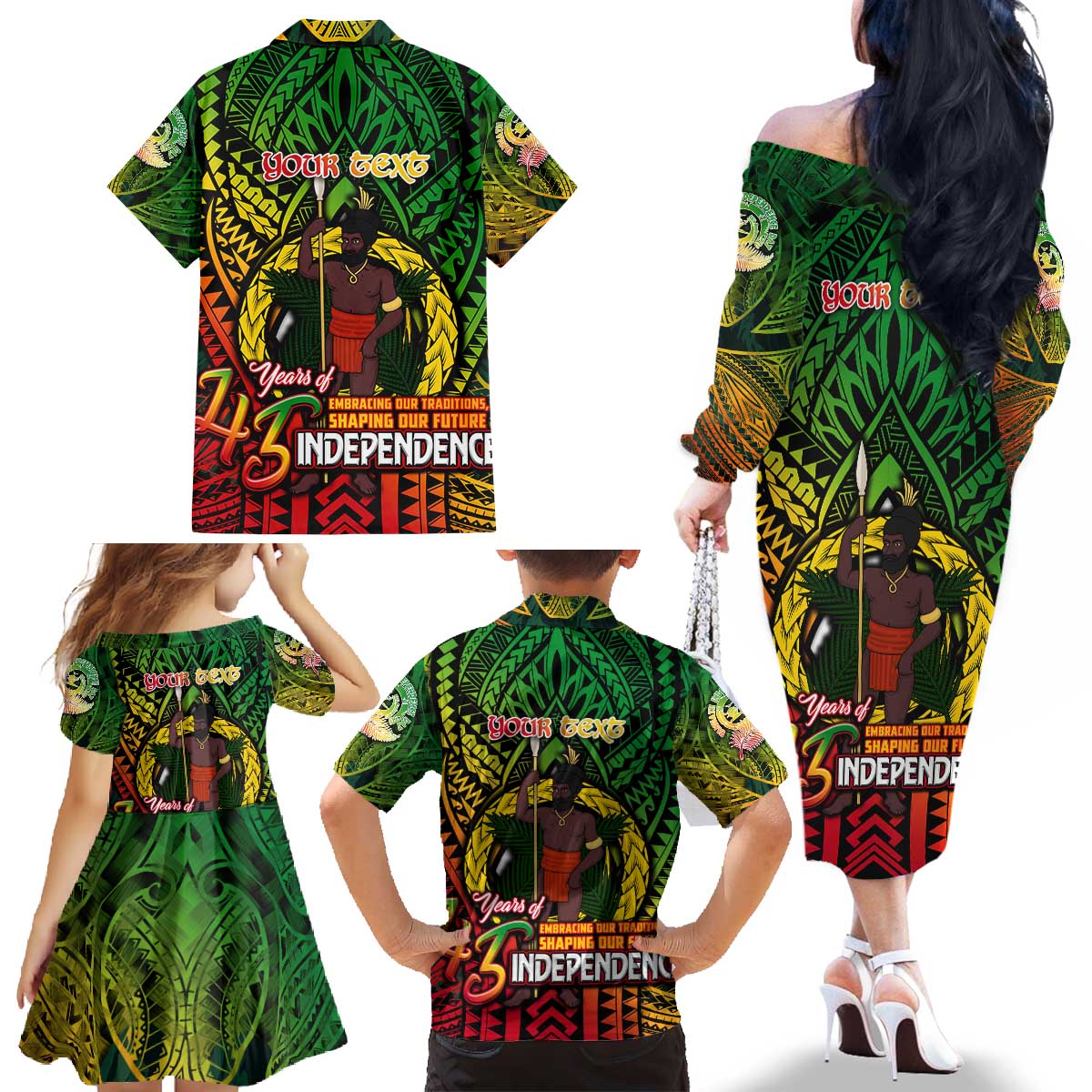 Vanuatu 45th Independence Anniversary Family Matching Off The Shoulder Long Sleeve Dress and Hawaiian Shirt Embracing Our Traditions Shaping Our Future