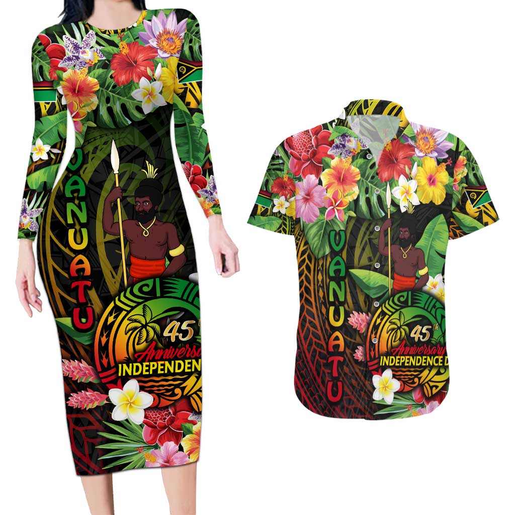 45th Anniversary of Freedom Vanuatu Couples Matching Long Sleeve Bodycon Dress and Hawaiian Shirt Island Pride Cultural Power Pacific Unity