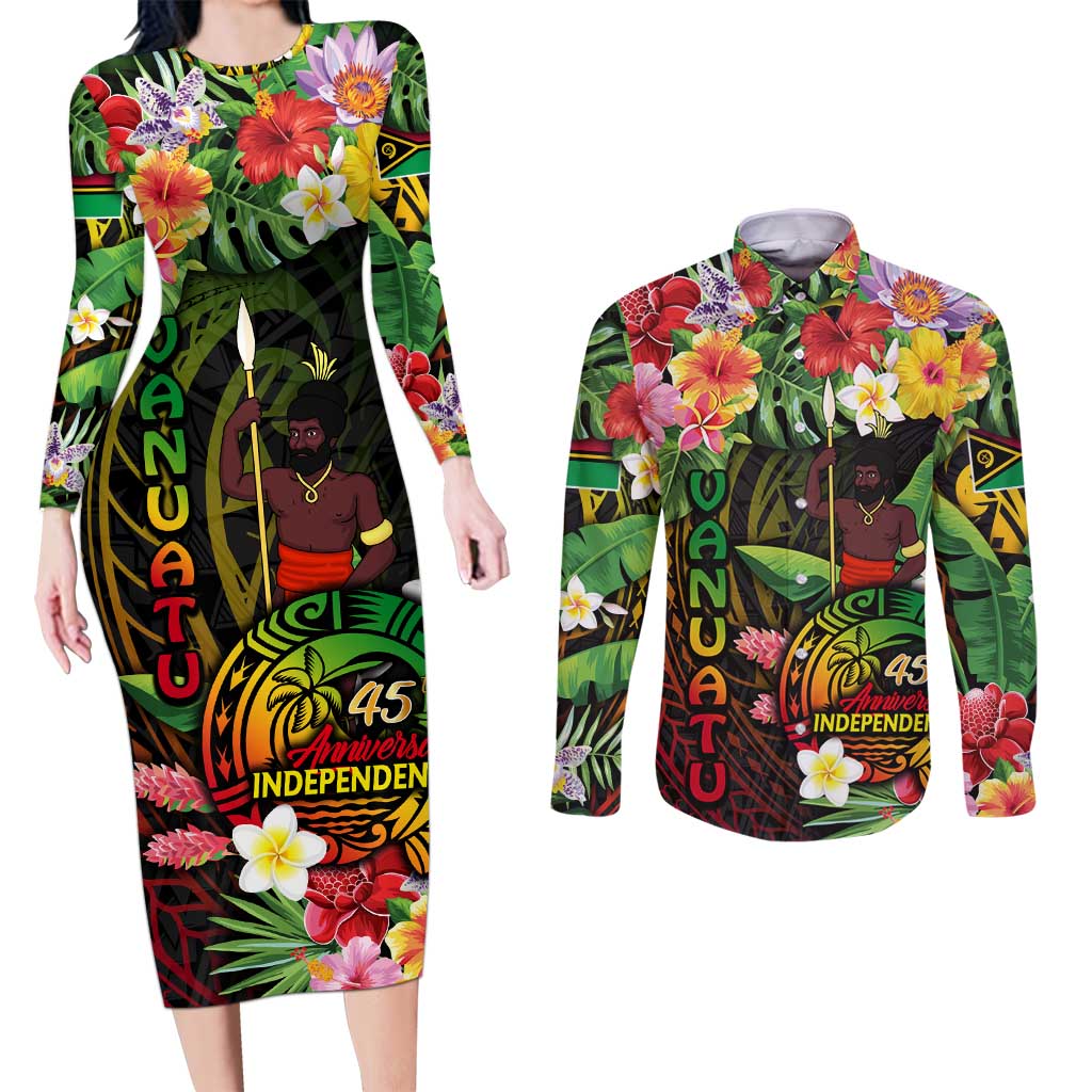 45th Anniversary of Freedom Vanuatu Couples Matching Long Sleeve Bodycon Dress and Long Sleeve Button Shirt Island Pride Cultural Power Pacific Unity