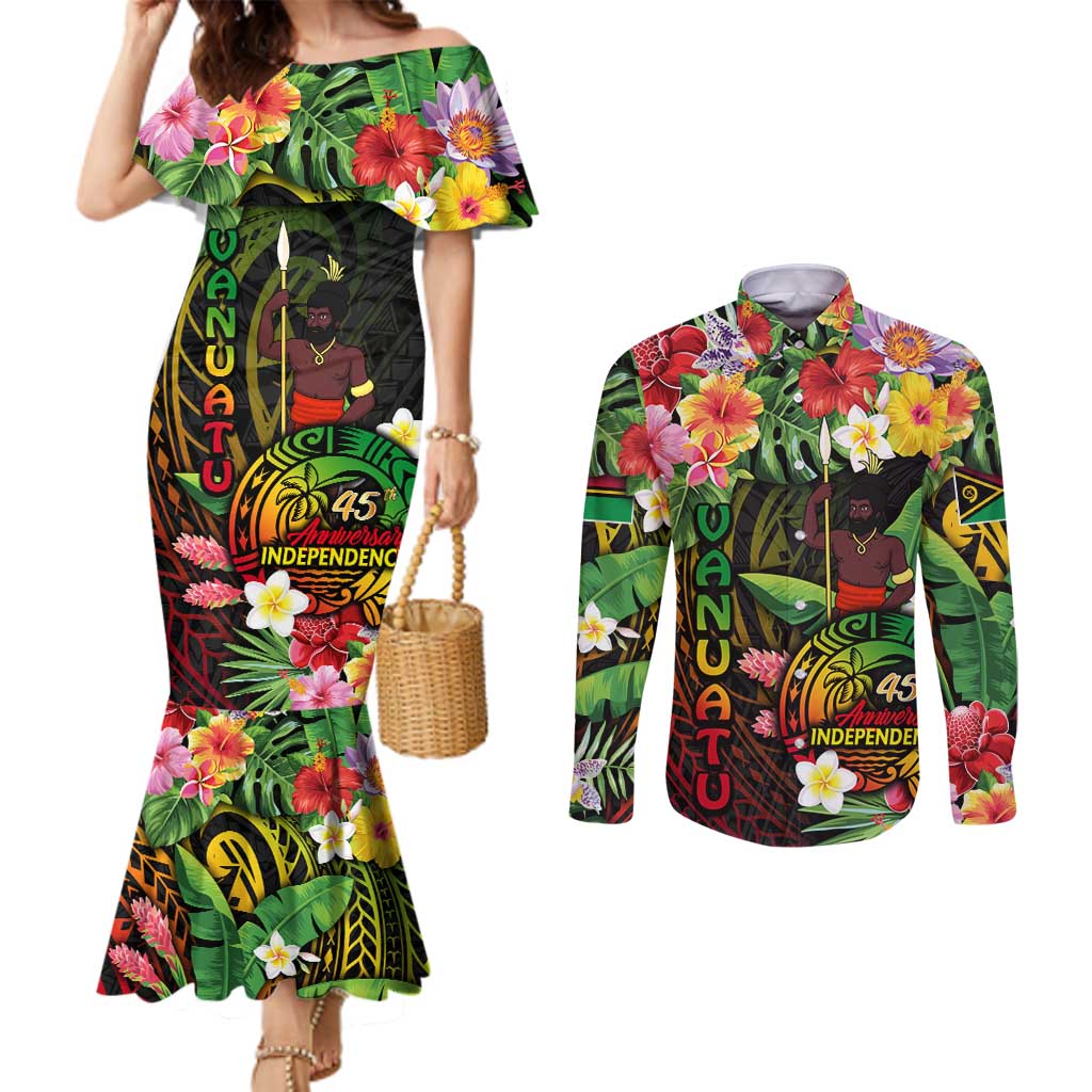 45th Anniversary of Freedom Vanuatu Couples Matching Mermaid Dress and Long Sleeve Button Shirt Island Pride Cultural Power Pacific Unity