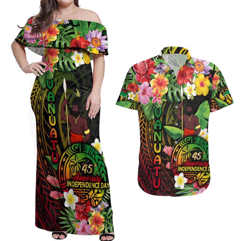 45th Anniversary of Freedom Vanuatu Couples Matching Off Shoulder Maxi Dress and Hawaiian Shirt Island Pride Cultural Power Pacific Unity