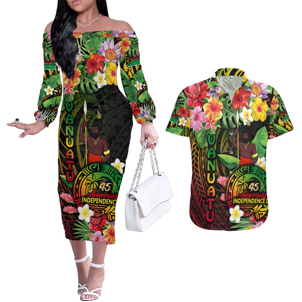 45th Anniversary of Freedom Vanuatu Couples Matching Off The Shoulder Long Sleeve Dress and Hawaiian Shirt Island Pride Cultural Power Pacific Unity