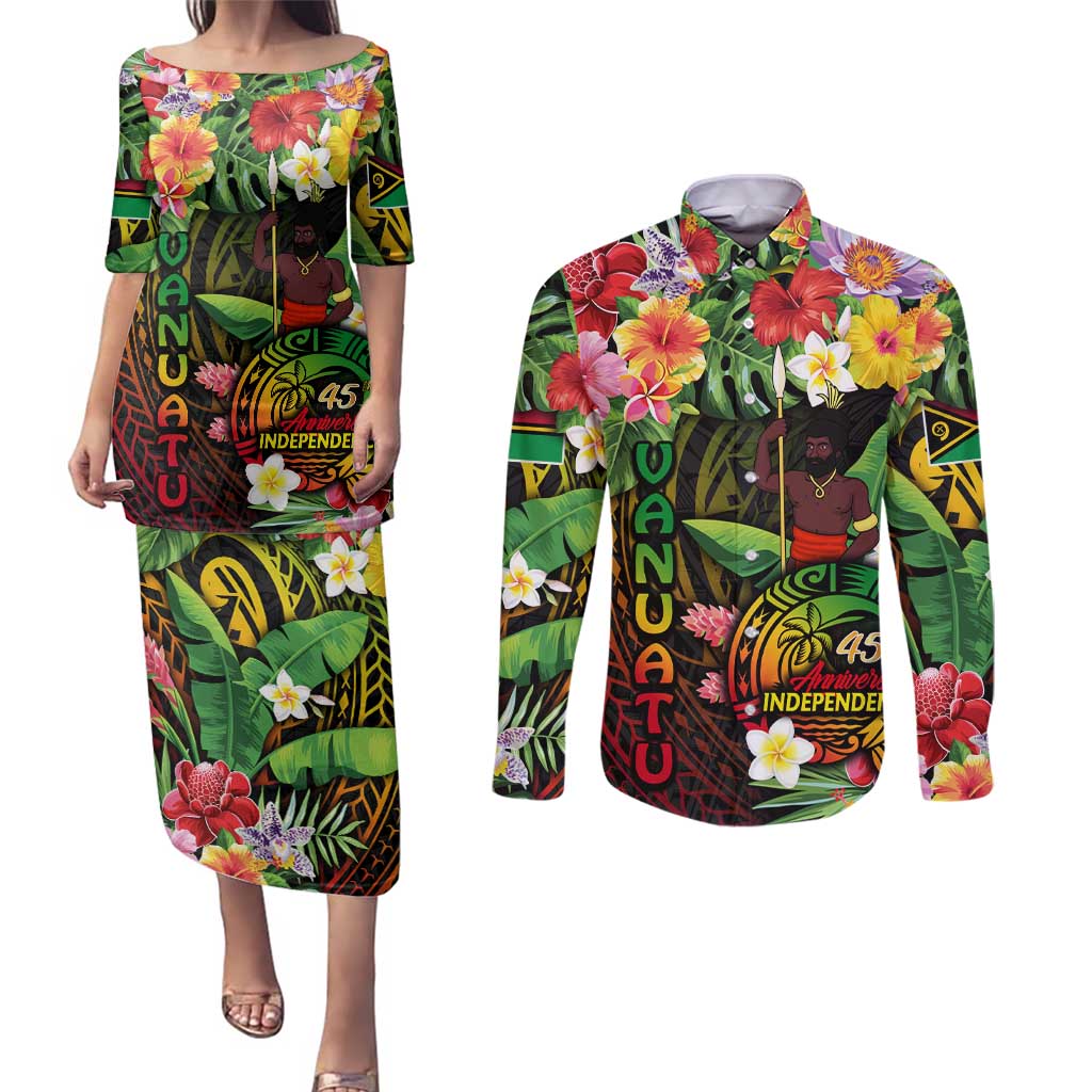 45th Anniversary of Freedom Vanuatu Couples Matching Puletasi and Long Sleeve Button Shirt Island Pride Cultural Power Pacific Unity