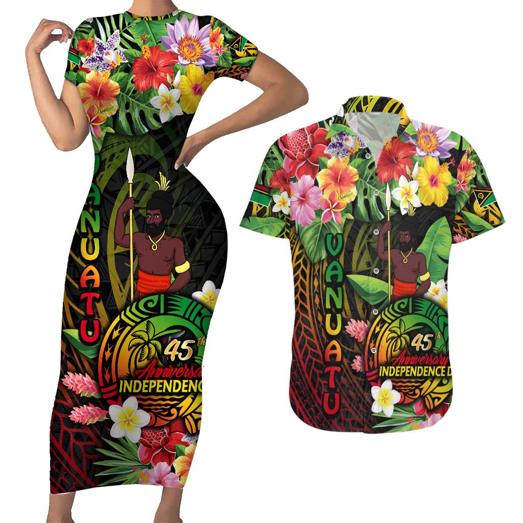 45th Anniversary of Freedom Vanuatu Couples Matching Short Sleeve Bodycon Dress and Hawaiian Shirt Island Pride Cultural Power Pacific Unity