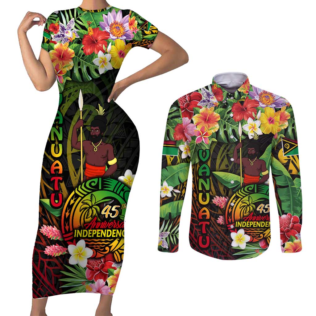 45th Anniversary of Freedom Vanuatu Couples Matching Short Sleeve Bodycon Dress and Long Sleeve Button Shirt Island Pride Cultural Power Pacific Unity