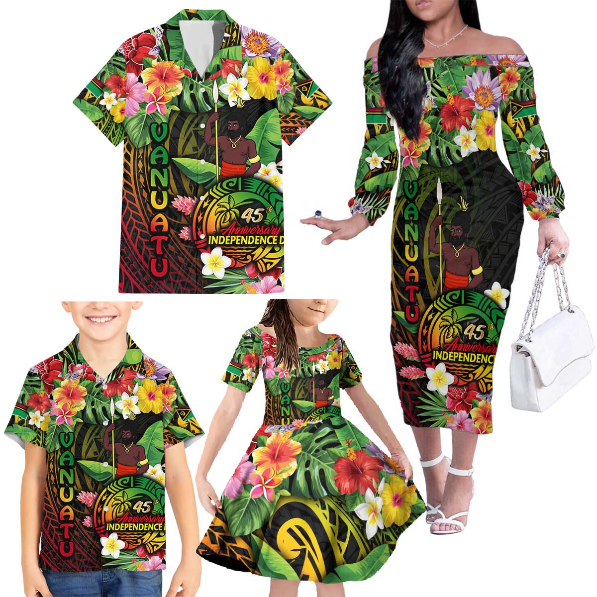45th Anniversary of Freedom Vanuatu Family Matching Off The Shoulder Long Sleeve Dress and Hawaiian Shirt Island Pride Cultural Power Pacific Unity
