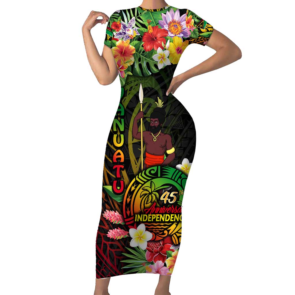 45th Anniversary of Freedom Vanuatu Short Sleeve Bodycon Dress Island Pride Cultural Power Pacific Unity