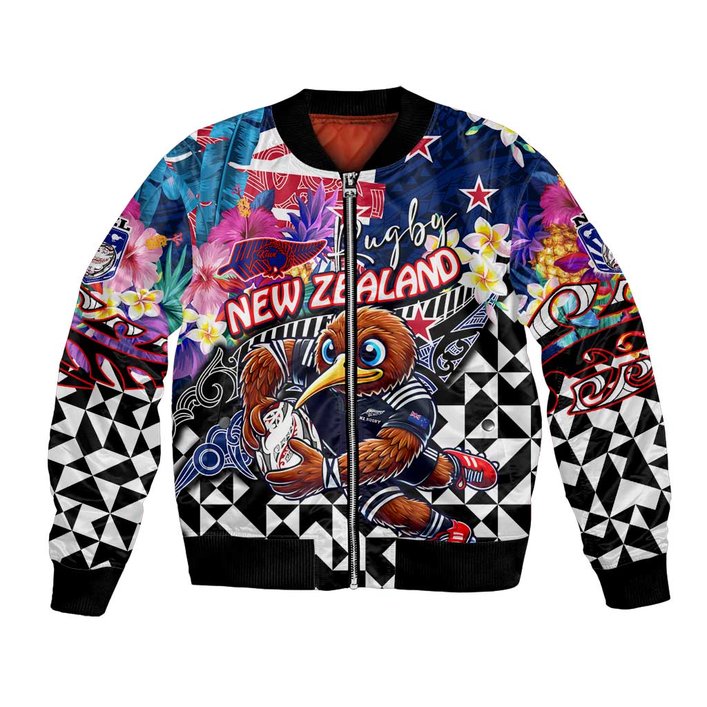 Personalized Kiwi New Zealand Rugby Bomber Jacket Kiwis Mascot Tropical Pattern