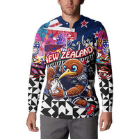 Personalized Kiwi New Zealand Rugby Button Sweatshirt Kiwis Mascot Tropical Pattern