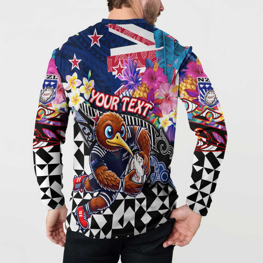 Personalized Kiwi New Zealand Rugby Button Sweatshirt Kiwis Mascot Tropical Pattern