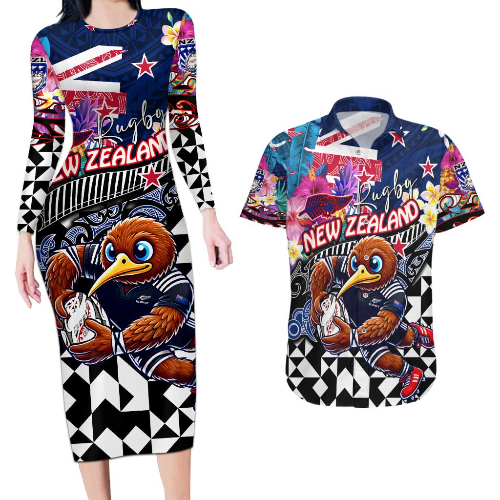 Personalized Kiwi New Zealand Rugby Couples Matching Long Sleeve Bodycon Dress and Hawaiian Shirt Kiwis Mascot Tropical Pattern DT02 Blue - Polynesian Pride