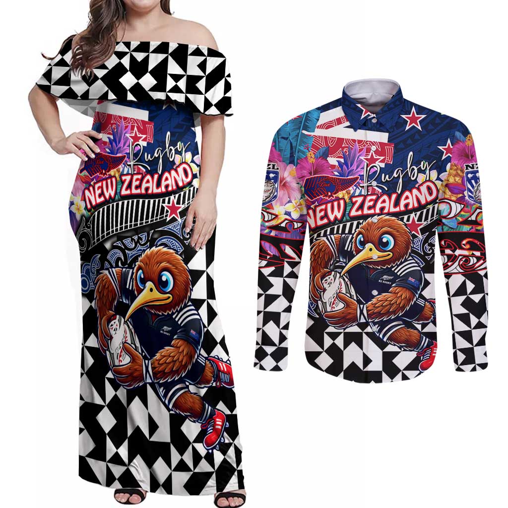 Personalized Kiwi New Zealand Rugby Couples Matching Off Shoulder Maxi Dress and Long Sleeve Button Shirt Kiwis Mascot Tropical Pattern