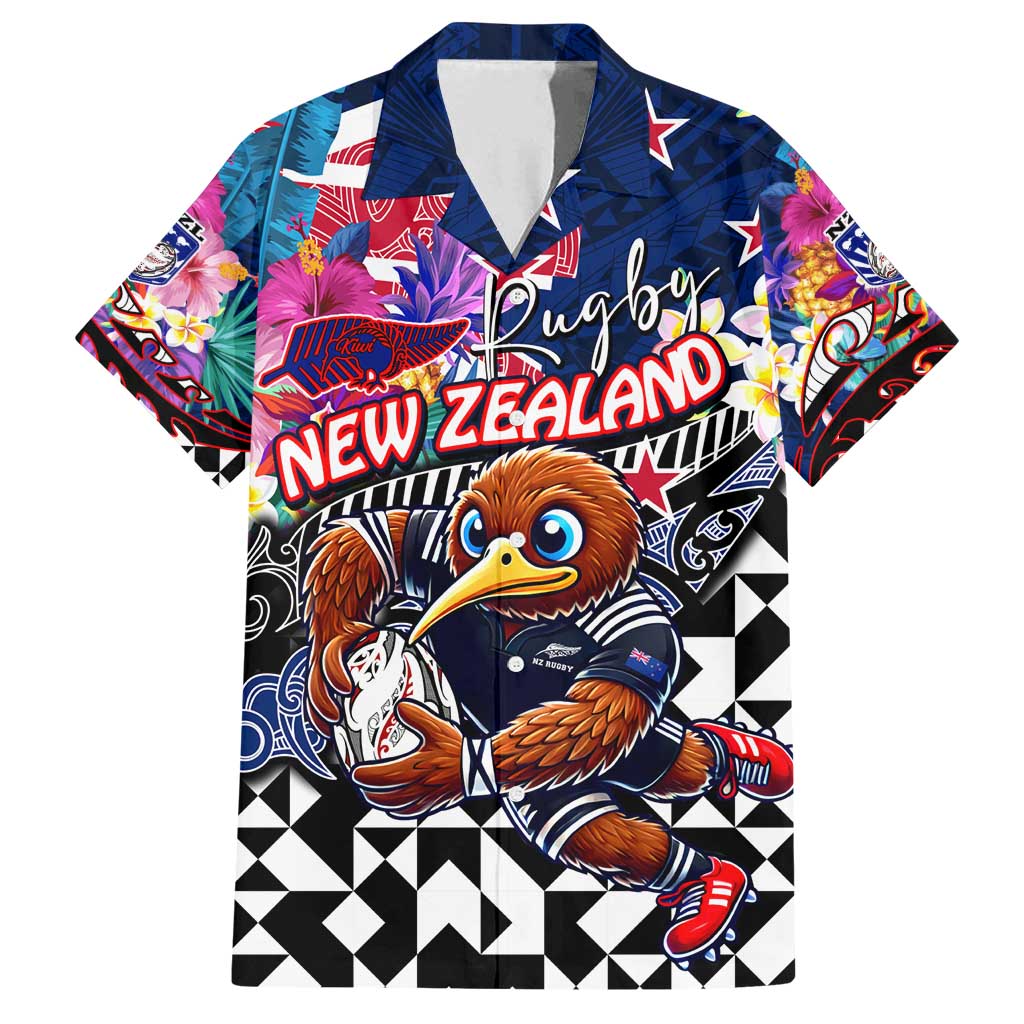 Personalized Kiwi New Zealand Rugby Family Matching Off Shoulder Short Dress and Hawaiian Shirt Kiwis Mascot Tropical Pattern DT02 Dad's Shirt - Short Sleeve Blue - Polynesian Pride