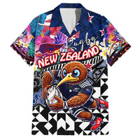 Personalized Kiwi New Zealand Rugby Family Matching Off Shoulder Short Dress and Hawaiian Shirt Kiwis Mascot Tropical Pattern DT02 Dad's Shirt - Short Sleeve Blue - Polynesian Pride