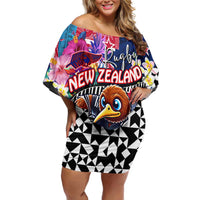 Personalized Kiwi New Zealand Rugby Family Matching Off Shoulder Short Dress and Hawaiian Shirt Kiwis Mascot Tropical Pattern DT02 Mom's Dress Blue - Polynesian Pride