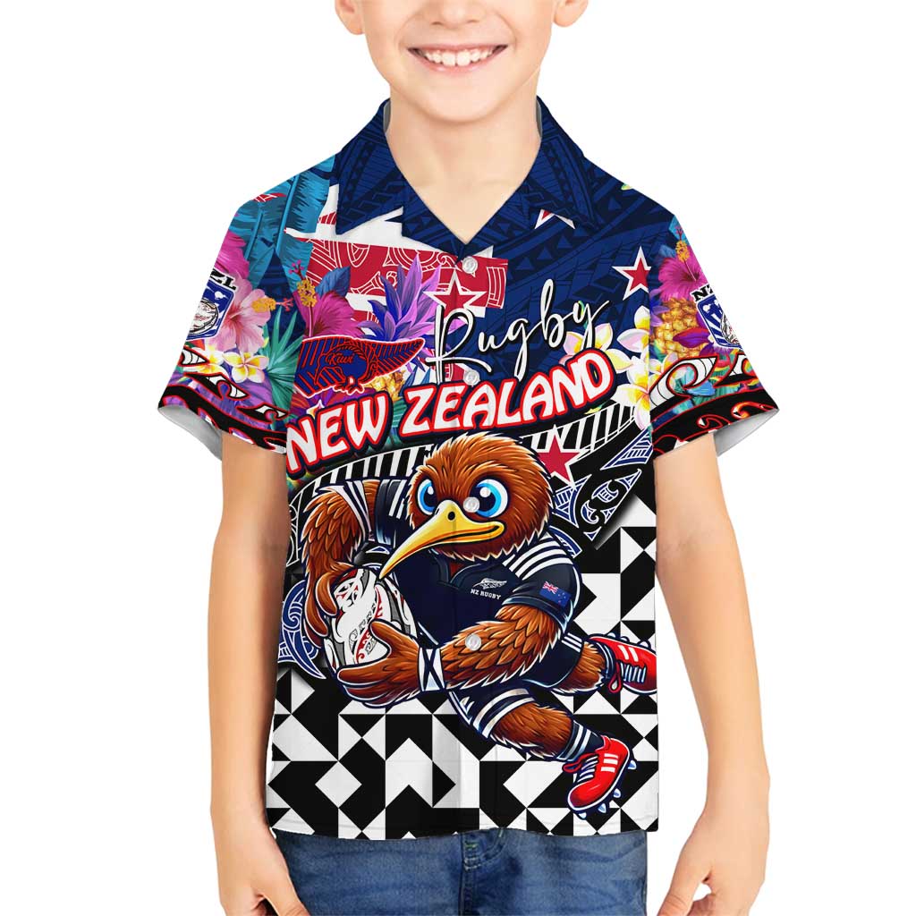 Personalized Kiwi New Zealand Rugby Family Matching Off Shoulder Short Dress and Hawaiian Shirt Kiwis Mascot Tropical Pattern DT02 Son's Shirt Blue - Polynesian Pride