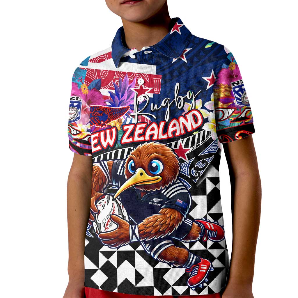 Personalized Kiwi New Zealand Rugby Kid Polo Shirt Kiwis Mascot Tropical Pattern