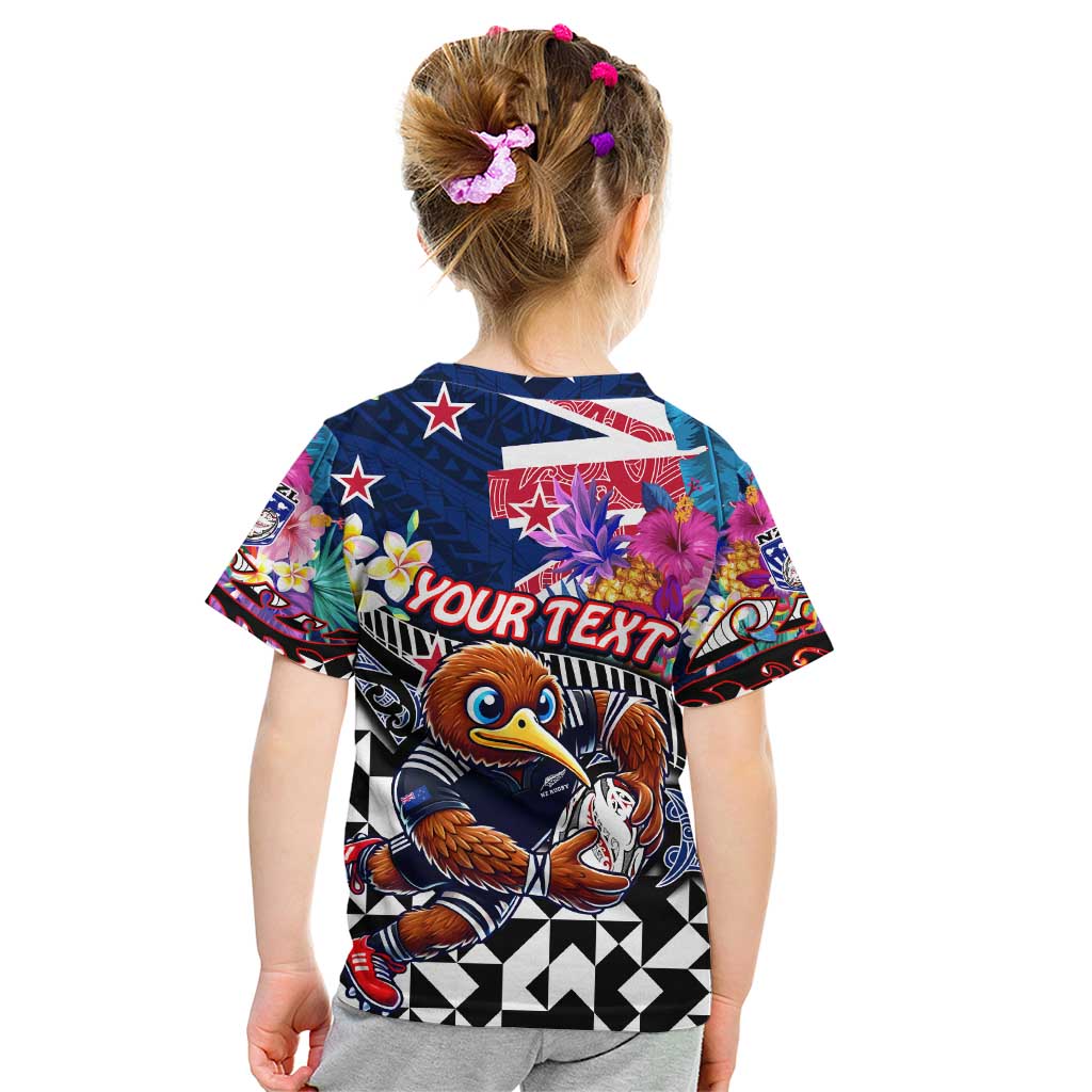 Personalized Kiwi New Zealand Rugby Kid T Shirt Kiwis Mascot Tropical Pattern