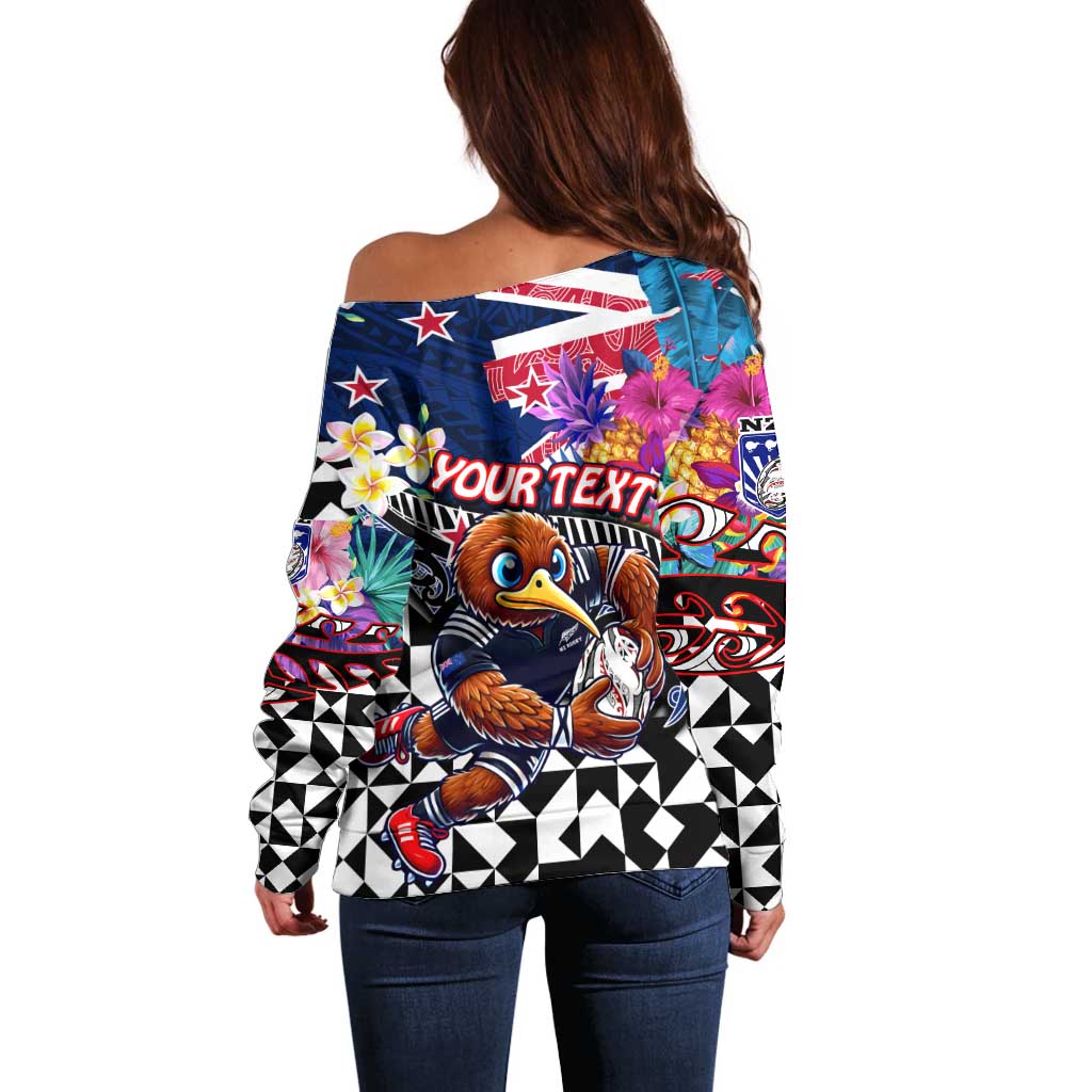Personalized Kiwi New Zealand Rugby Off Shoulder Sweater Kiwis Mascot Tropical Pattern