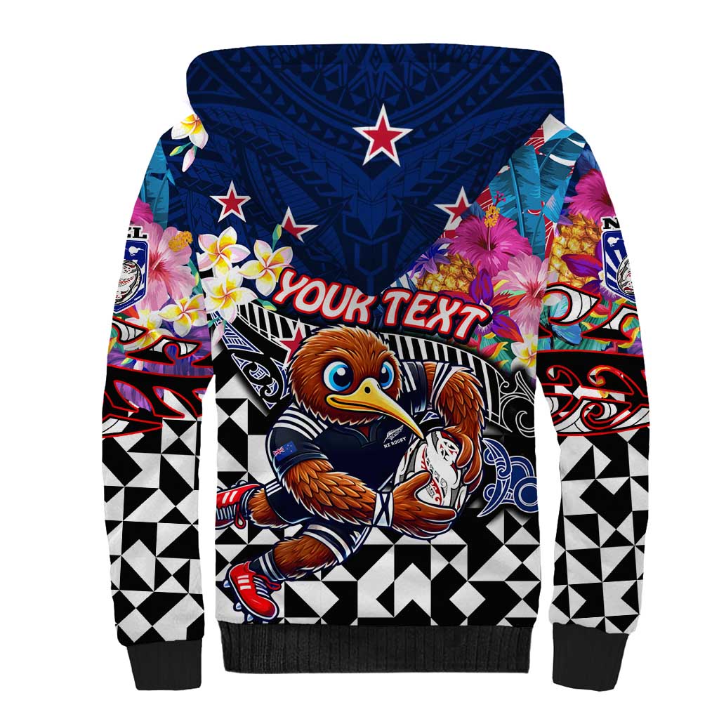 Personalized Kiwi New Zealand Rugby Sherpa Hoodie Kiwis Mascot Tropical Pattern