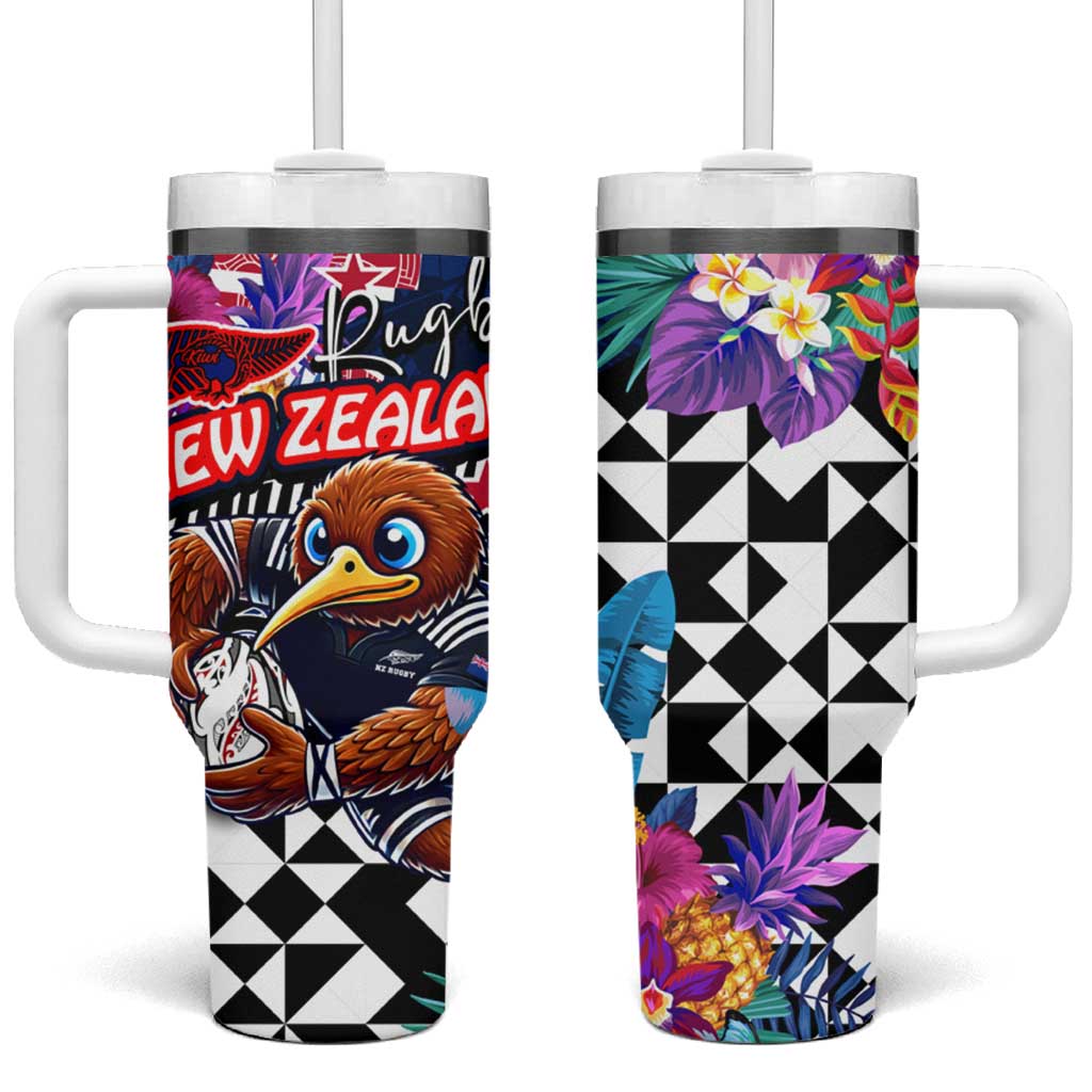 Kiwi New Zealand Rugby Tumbler With Handle Kiwis Mascot Tropical Pattern