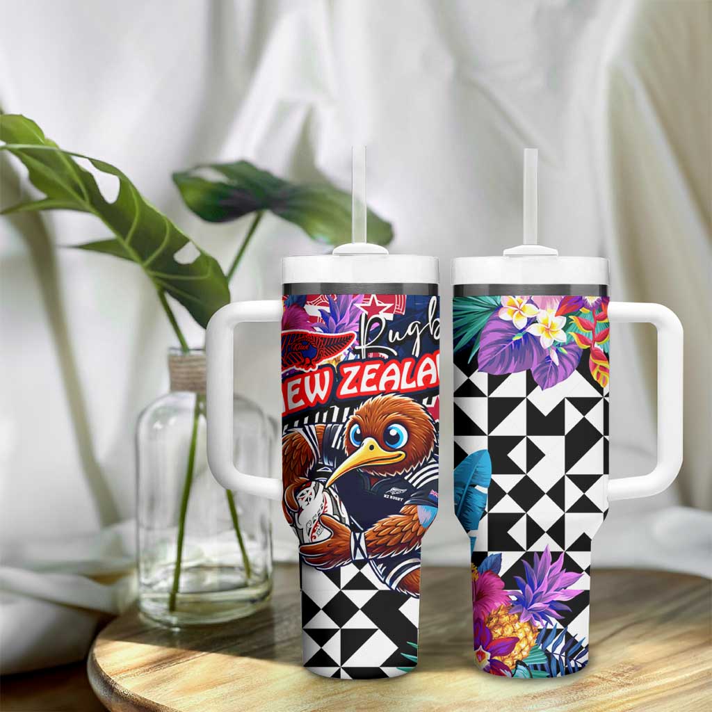Kiwi New Zealand Rugby Tumbler With Handle Kiwis Mascot Tropical Pattern