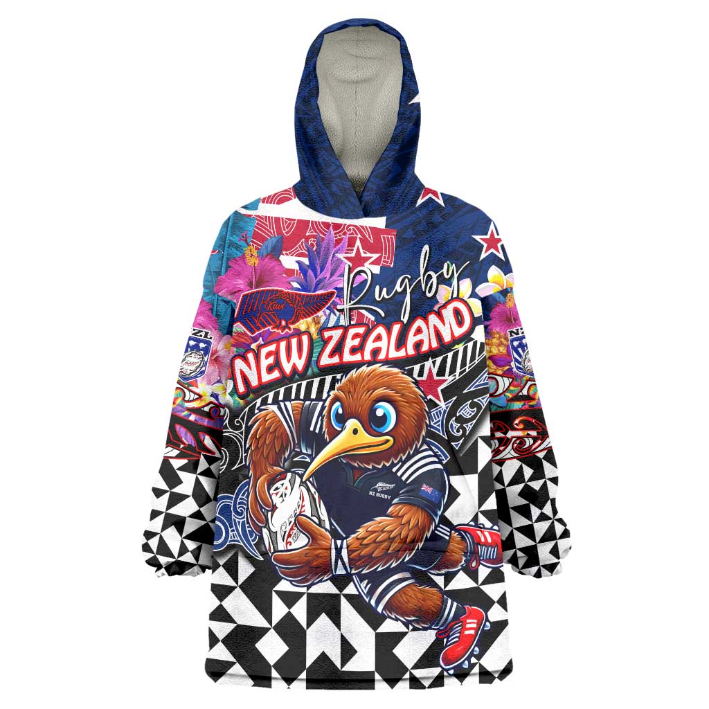 Personalized Kiwi New Zealand Rugby Wearable Blanket Hoodie Kiwis Mascot Tropical Pattern