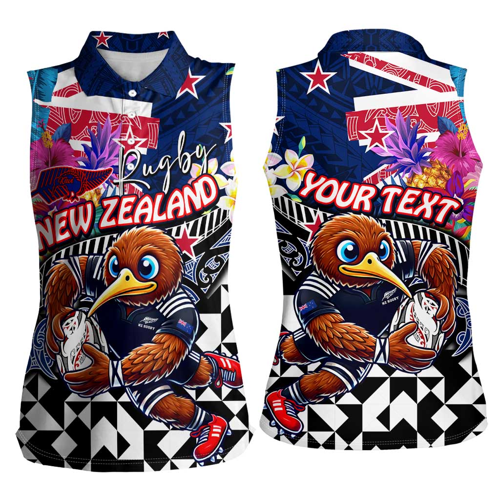 Personalized Kiwi New Zealand Rugby Women Sleeveless Polo Shirt Kiwis Mascot Tropical Pattern
