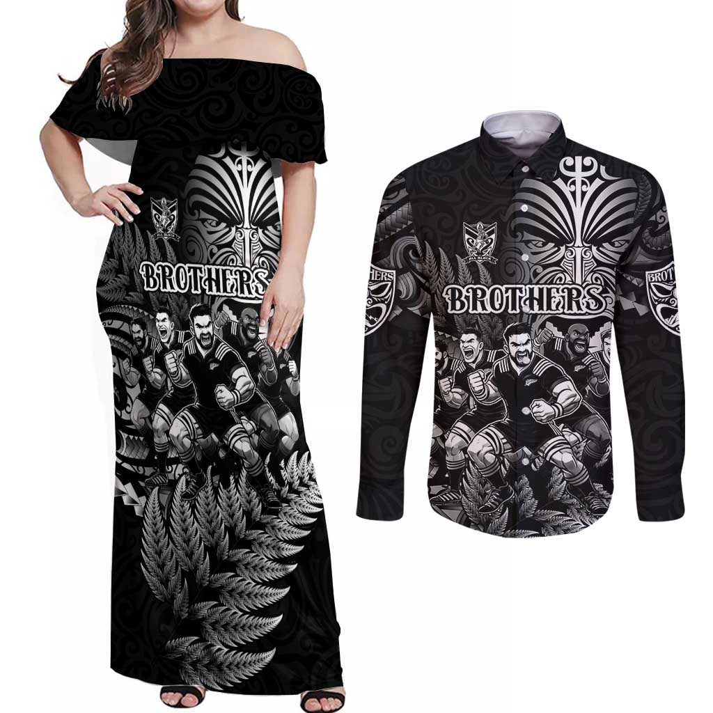 Personalized All Black Brothers Rugby Couples Matching Off Shoulder Maxi Dress and Long Sleeve Button Shirt New Zealand Maori Haka