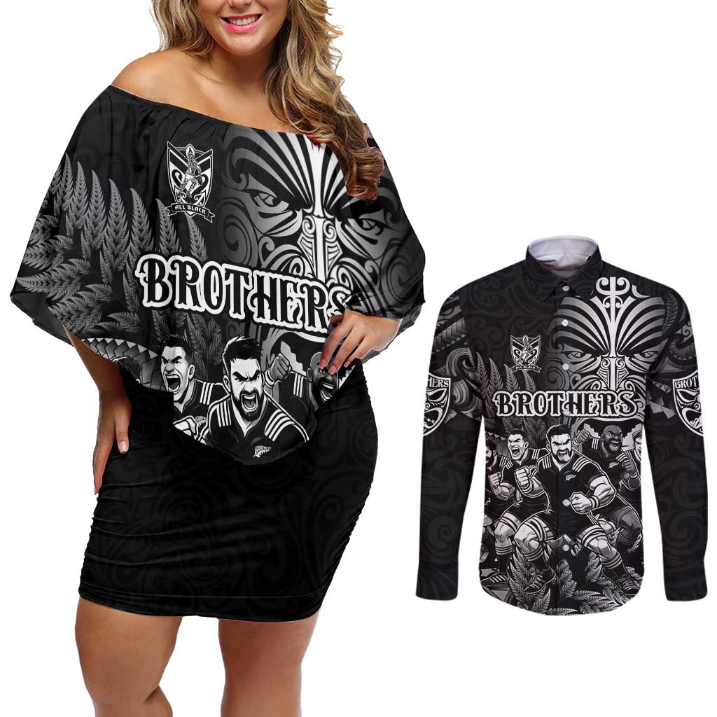 Personalized All Black Brothers Rugby Couples Matching Off Shoulder Short Dress and Long Sleeve Button Shirt New Zealand Maori Haka DT02 Black - Polynesian Pride