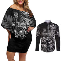 Personalized All Black Brothers Rugby Couples Matching Off Shoulder Short Dress and Long Sleeve Button Shirt New Zealand Maori Haka DT02 Black - Polynesian Pride