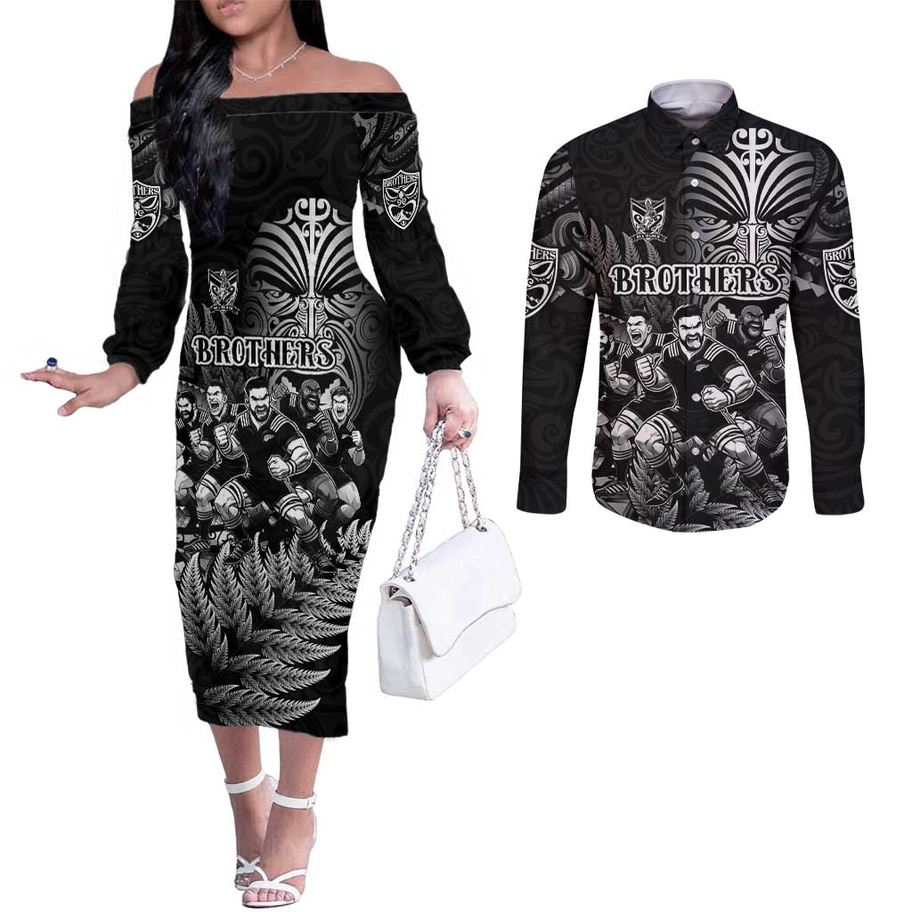 Personalized All Black Brothers Rugby Couples Matching Off The Shoulder Long Sleeve Dress and Long Sleeve Button Shirt New Zealand Maori Haka DT02 Black - Polynesian Pride