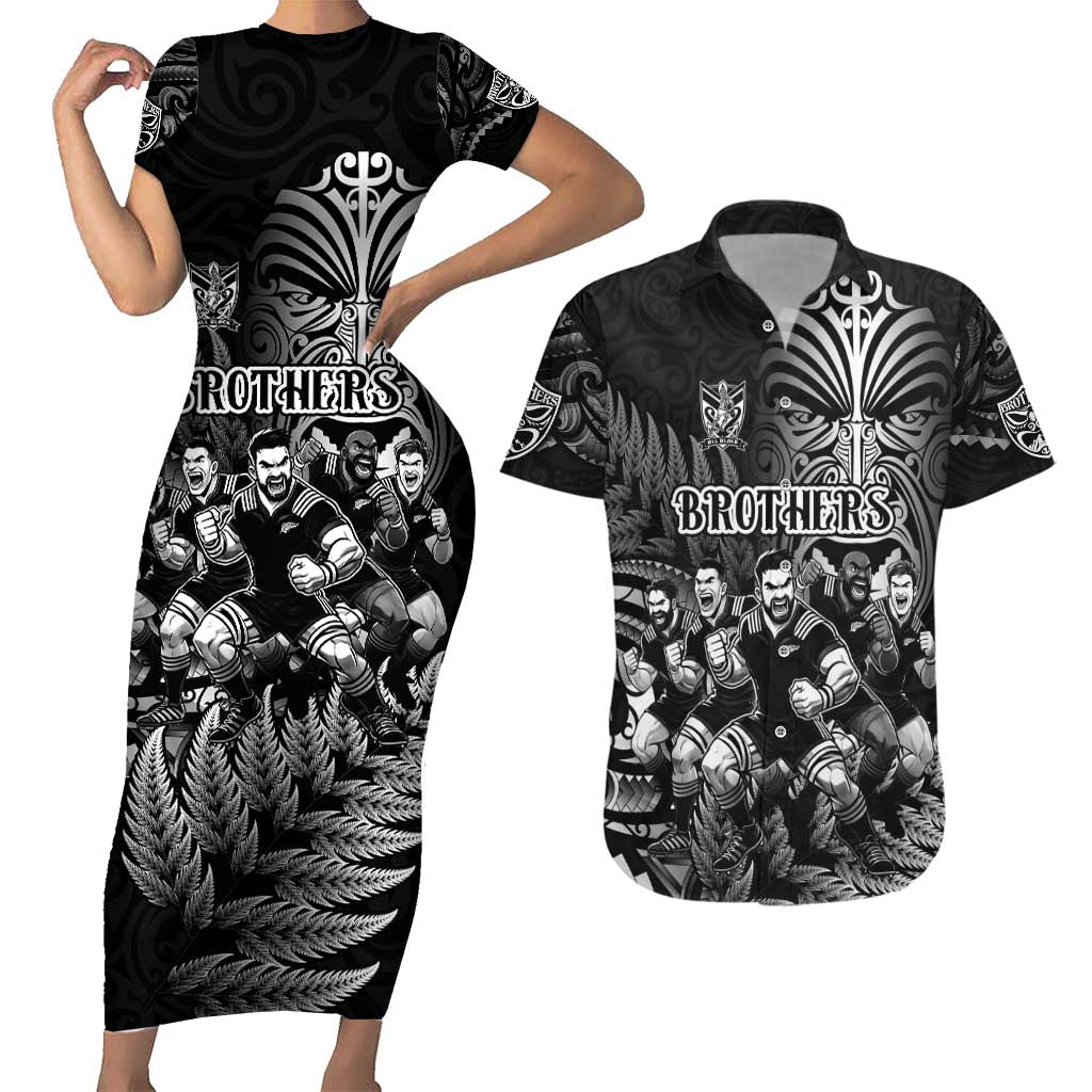 Personalized All Black Brothers Rugby Couples Matching Short Sleeve Bodycon Dress and Hawaiian Shirt New Zealand Maori Haka