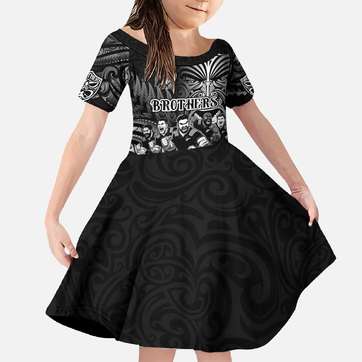 Personalized All Black Brothers Rugby Family Matching Off The Shoulder Long Sleeve Dress and Hawaiian Shirt New Zealand Maori Haka DT02 Daughter's Dress Black - Polynesian Pride