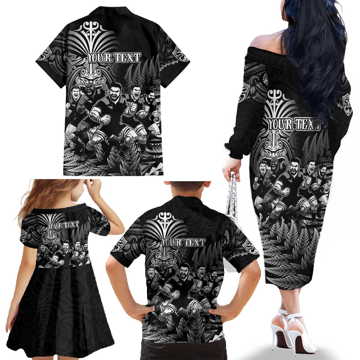 Personalized All Black Brothers Rugby Family Matching Off The Shoulder Long Sleeve Dress and Hawaiian Shirt New Zealand Maori Haka DT02 - Polynesian Pride
