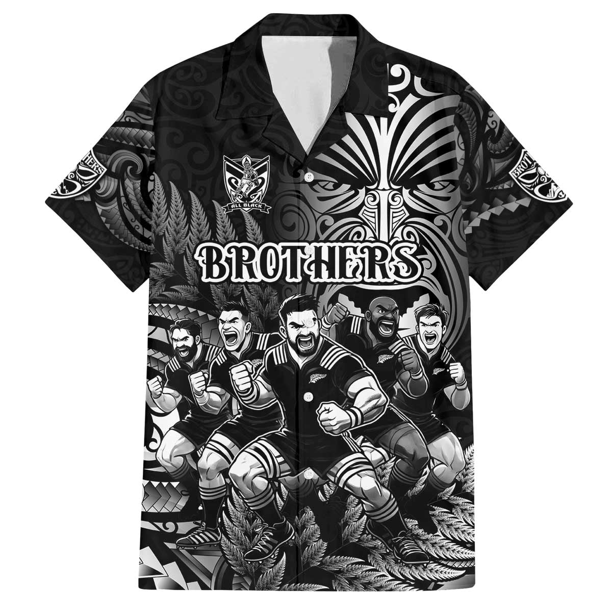 Personalized All Black Brothers Rugby Family Matching Off The Shoulder Long Sleeve Dress and Hawaiian Shirt New Zealand Maori Haka DT02 Dad's Shirt - Short Sleeve Black - Polynesian Pride