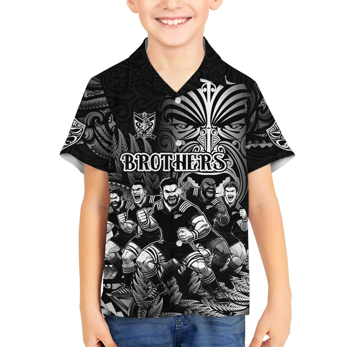 Personalized All Black Brothers Rugby Family Matching Off The Shoulder Long Sleeve Dress and Hawaiian Shirt New Zealand Maori Haka DT02 Son's Shirt Black - Polynesian Pride