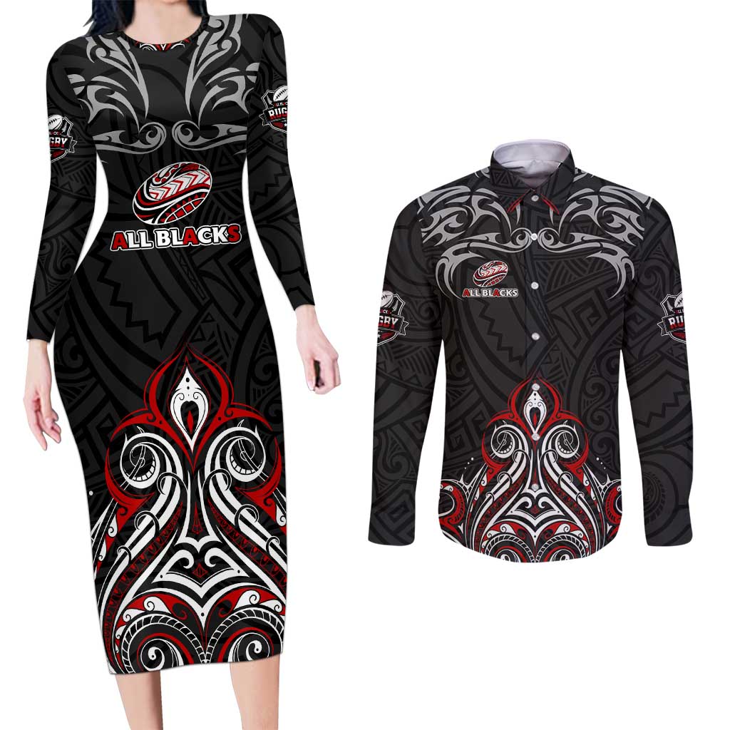 All Black NZL Rugby Champions Couples Matching Long Sleeve Bodycon Dress and Long Sleeve Button Shirt Maori Warrior