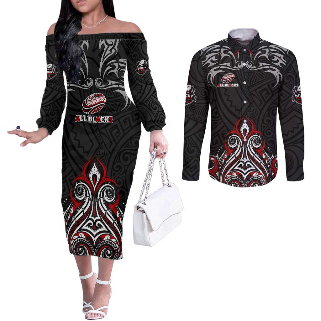 All Black NZL Rugby Champions Couples Matching Off The Shoulder Long Sleeve Dress and Long Sleeve Button Shirt Maori Warrior