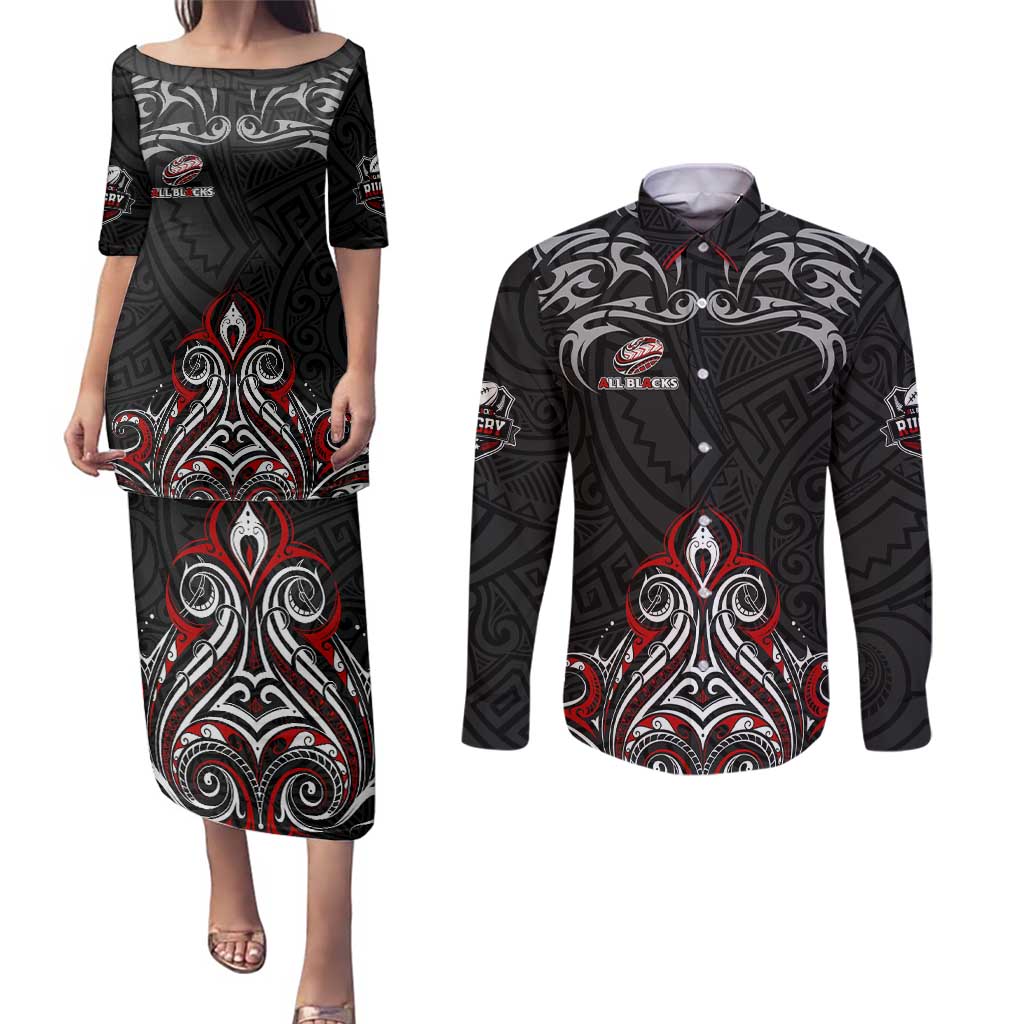 All Black NZL Rugby Champions Couples Matching Puletasi and Long Sleeve Button Shirt Maori Warrior