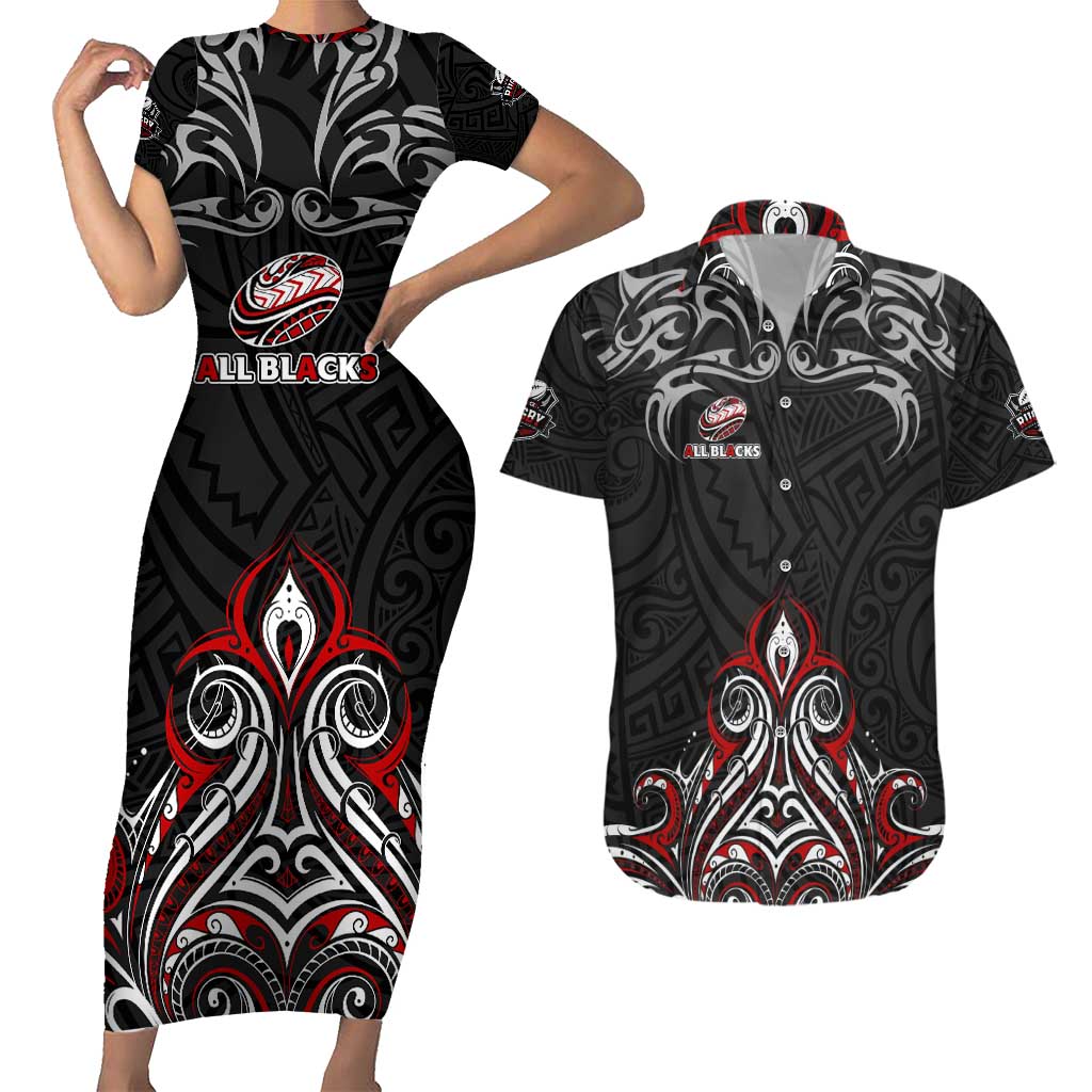 All Black NZL Rugby Champions Couples Matching Short Sleeve Bodycon Dress and Hawaiian Shirt Maori Warrior