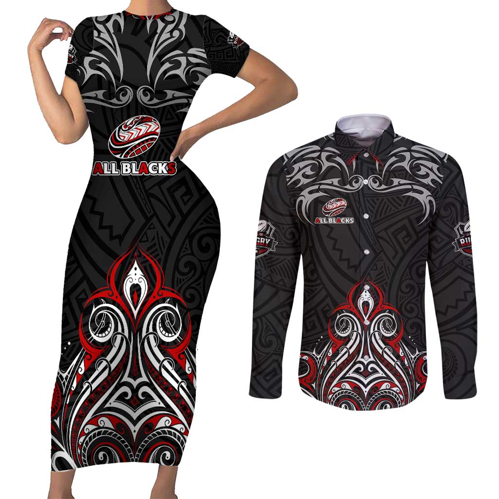 All Black NZL Rugby Champions Couples Matching Short Sleeve Bodycon Dress and Long Sleeve Button Shirt Maori Warrior