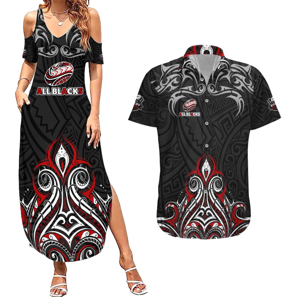 All Black NZL Rugby Champions Couples Matching Summer Maxi Dress and Hawaiian Shirt Maori Warrior