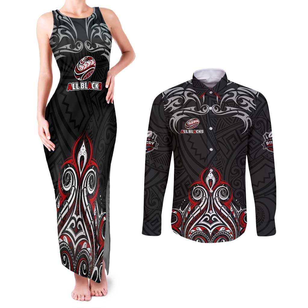 All Black NZL Rugby Champions Couples Matching Tank Maxi Dress and Long Sleeve Button Shirt Maori Warrior