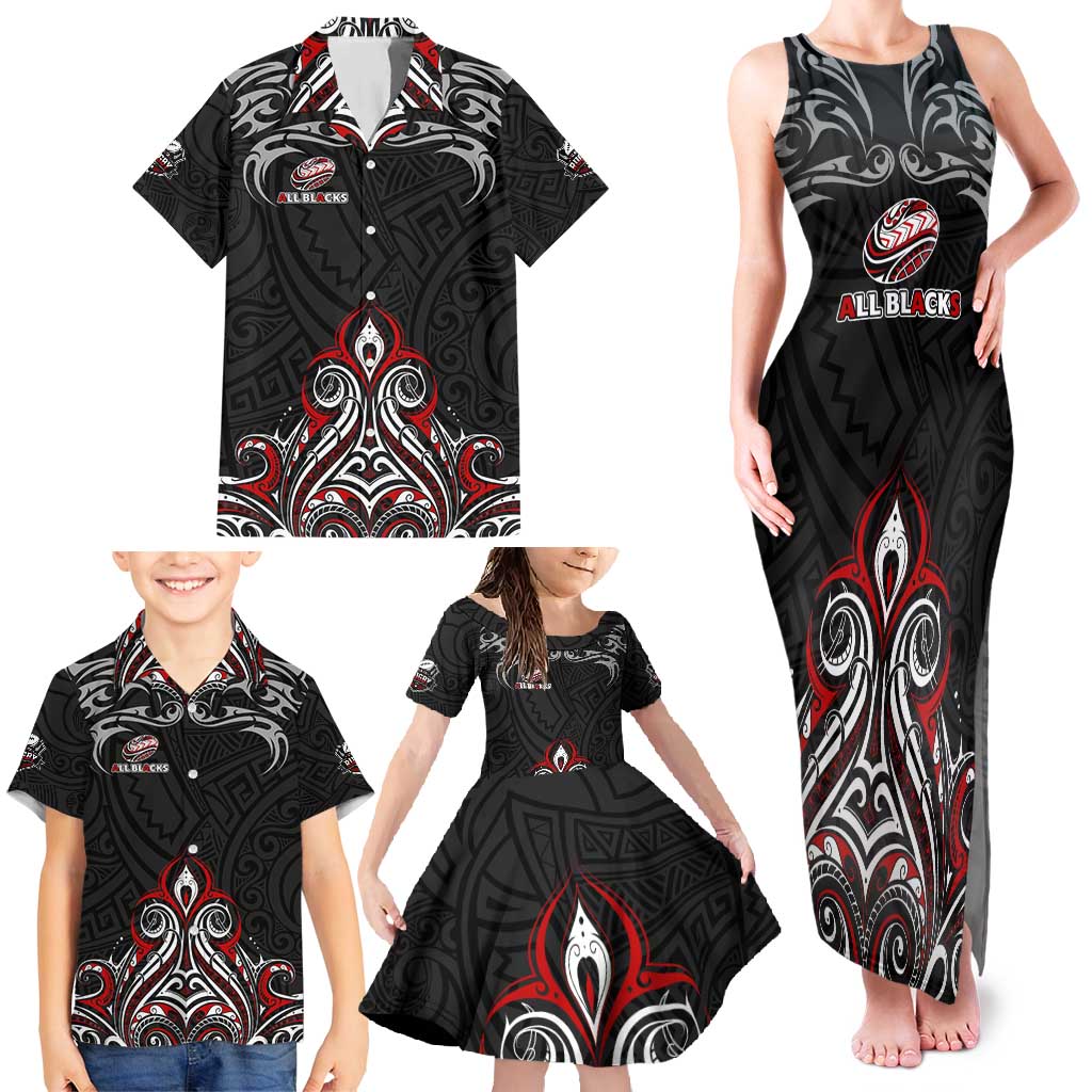 All Black NZL Rugby Champions Family Matching Tank Maxi Dress and Hawaiian Shirt Maori Warrior