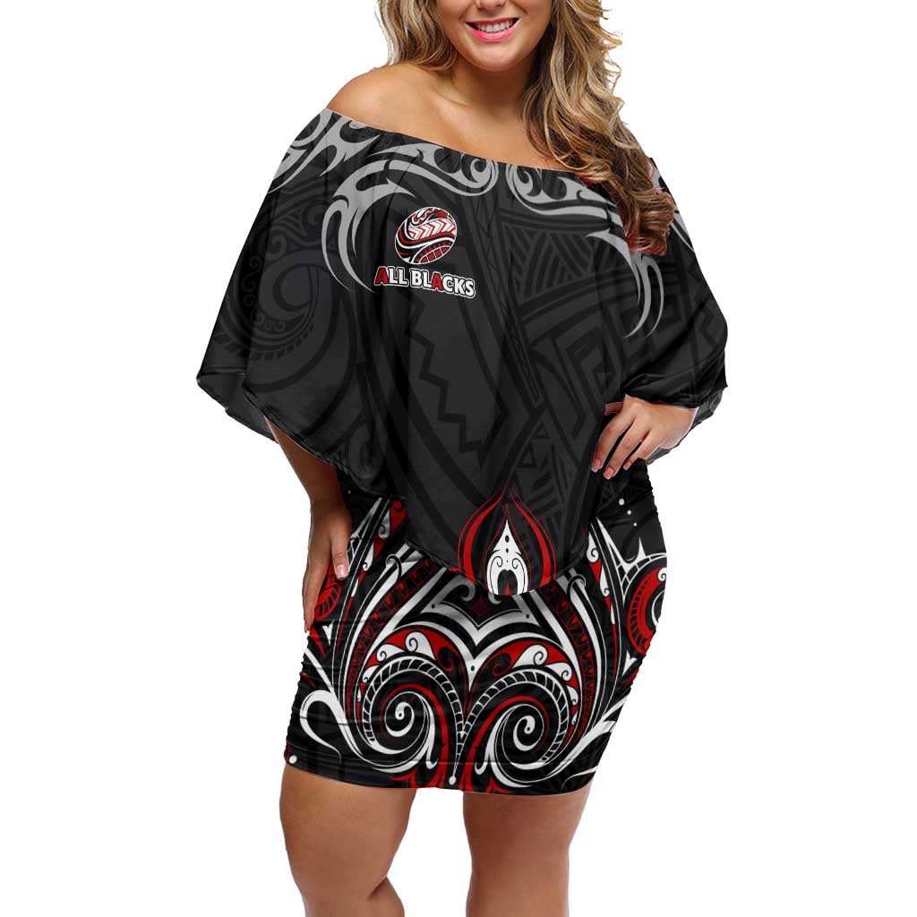 All Black NZL Rugby Champions Off Shoulder Short Dress Maori Warrior