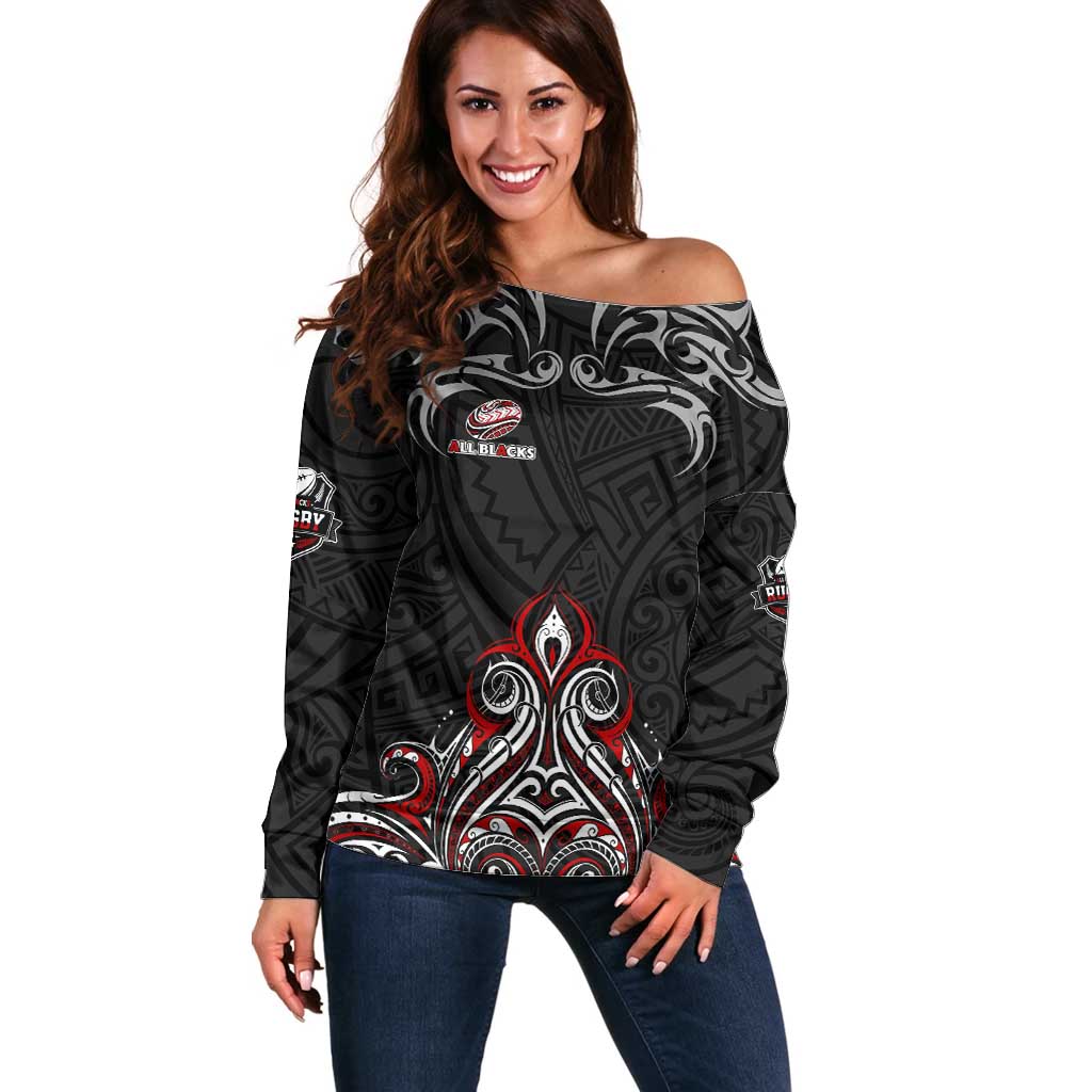 All Black NZL Rugby Champions Off Shoulder Sweater Maori Warrior